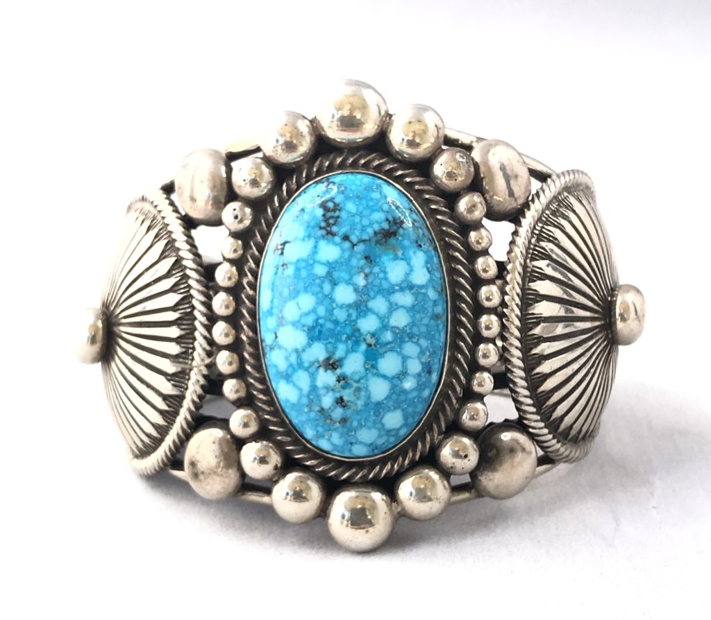 Navajo Rick Martinez Oval Birdseye Turquoise Stamped Cuff - The