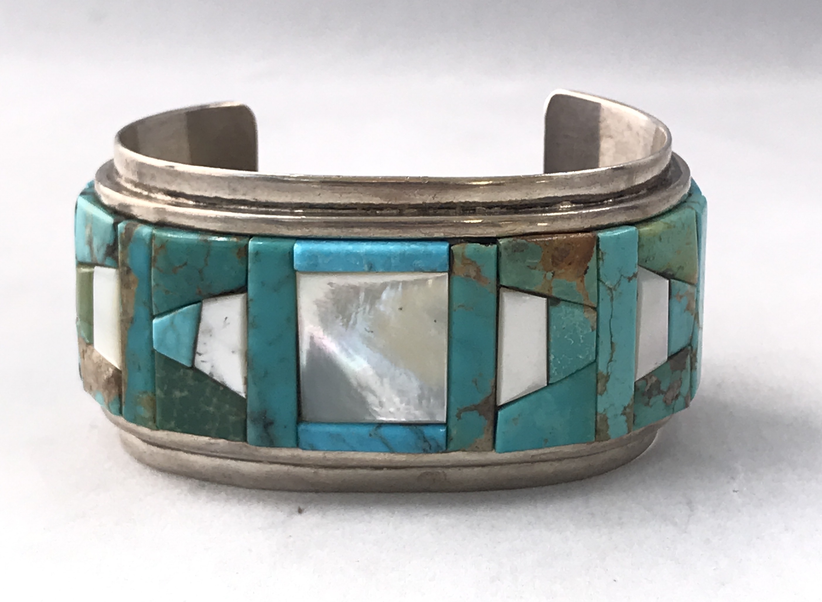 Vintage Sterling Silver with Inlaid Turquoise & Mother of Pearl Cuff ...