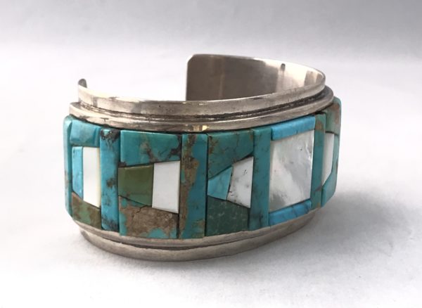 Vintage Sterling Silver with Inlaid Turquoise & Mother of Pearl Cuff