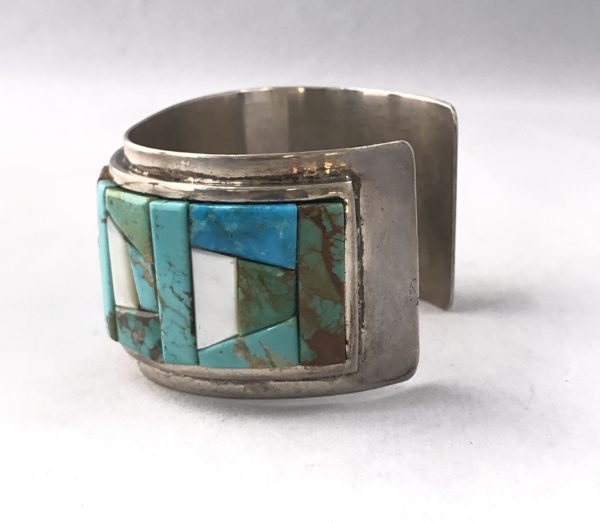 Vintage Sterling Silver with Inlaid Turquoise & Mother of Pearl Cuff