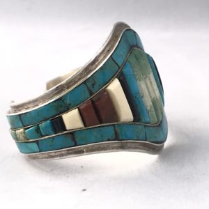 Vintage Snow Horse Sterling Silver Cuff with Multi Stones Inlaid Cobblestone