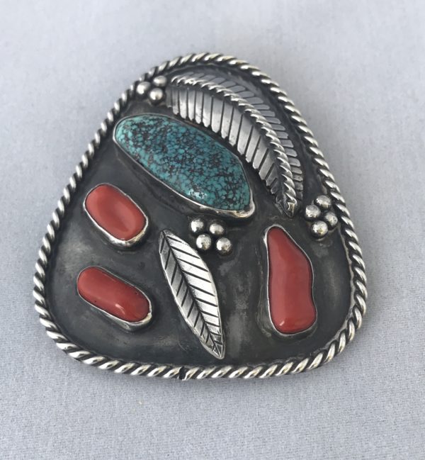 Vintage Sterling Silver Turquoise and Coral Pendant/Pin
