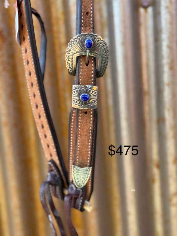 Slip Ear Rough Out with Latigo Buckstitch Headstall with Vintage Sterling Silver Headstall - Image 2