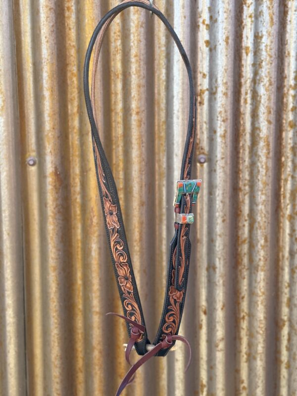 Floral Hand Carved Split Ear Headstall with Vintage Sterling Silver Buckle Set.