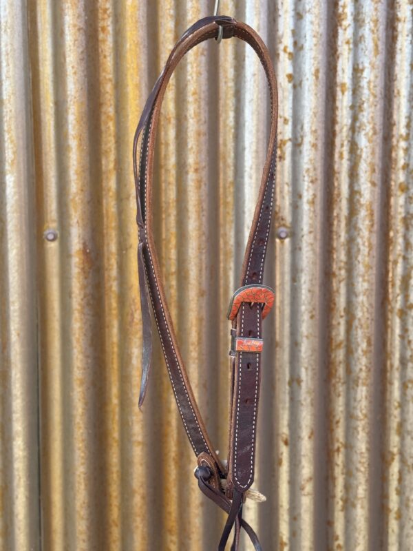 Dark Brown Harness Leather Slip Ear Headstall with Vintage Sterling Silver Buckle Set