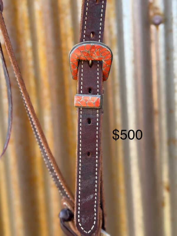 Dark Brown Harness Leather Slip Ear Headstall with Vintage Sterling Silver Buckle Set - Image 2