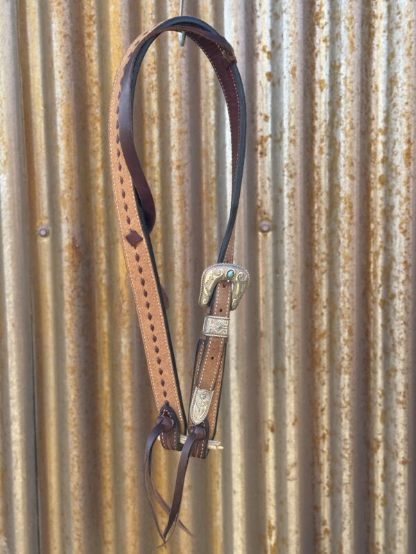 Slip Ear Rough Out with Latigo Buckstitch Headstall with Sterling Silver Headstall