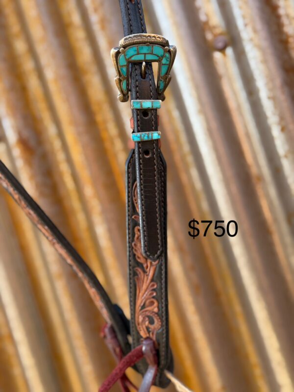 Floral Hand Carved Split Ear Headstall with Vintage Sterling Silver Buckle Set - Image 2