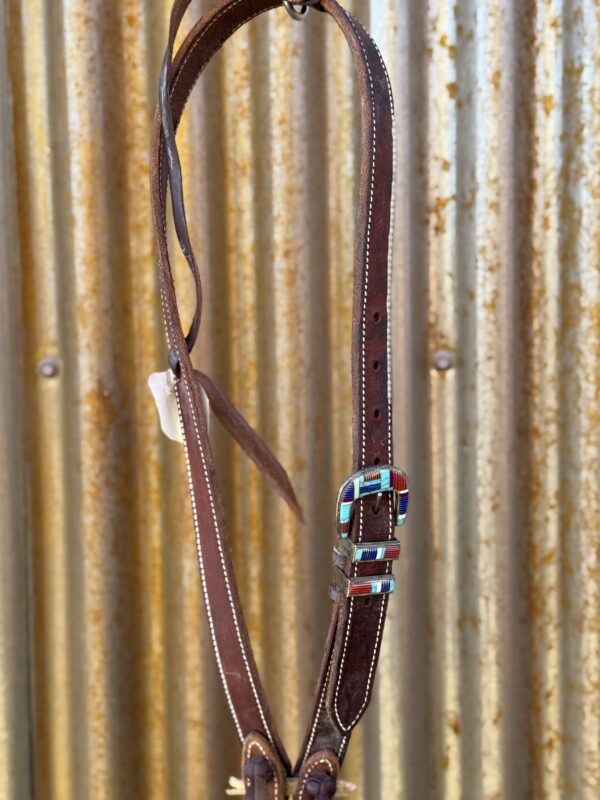 Dark Brown Harness Leather Slip Ear Headstall with Vintage Sterling Silver Buckle Set