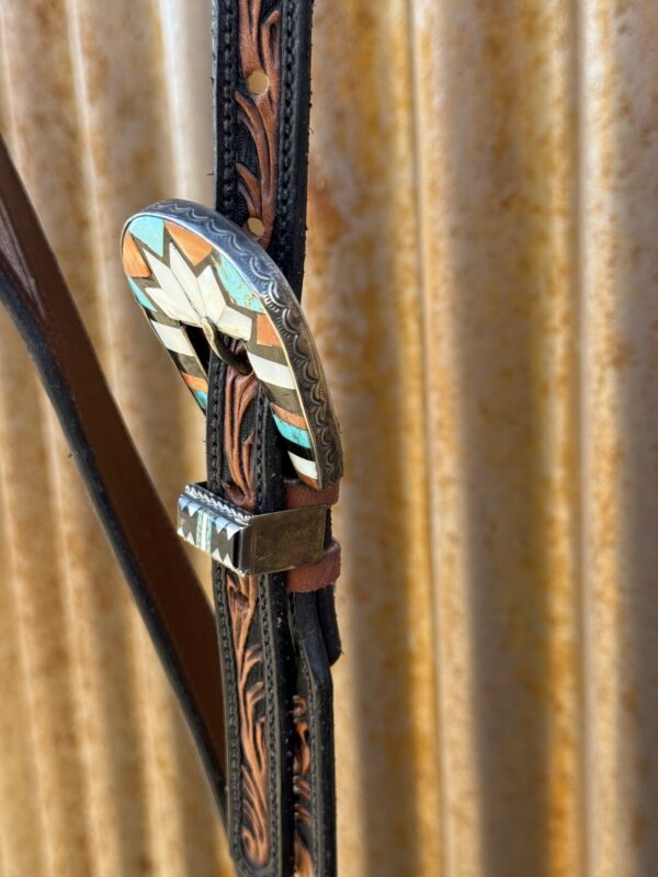 Floral Hand Carved Split Ear Headstall with Vintage Sterling Silver Buckle Set - Image 3