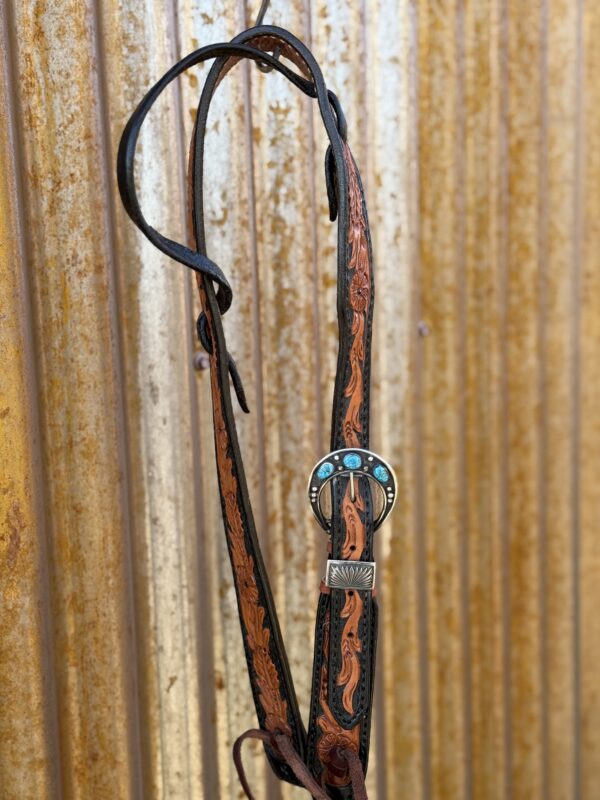 Floral Hand Carved Split Ear Headstall with Vintage Sterling Silver Buckle Set