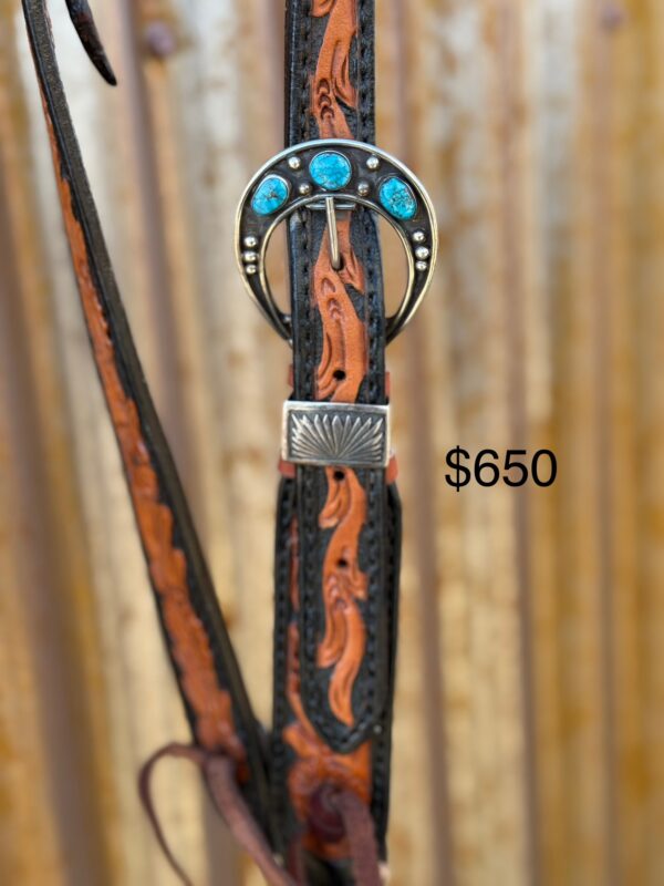 Floral Hand Carved Split Ear Headstall with Vintage Sterling Silver Buckle Set - Image 2