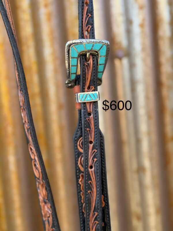 Floral Hand Carved Split Ear Headstall with Vintage Sterling Silver Buckle Set - Image 2