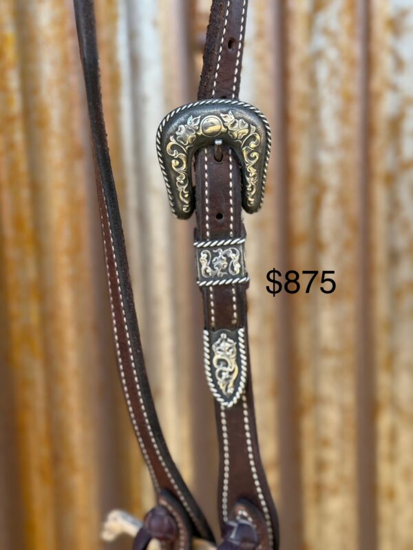 Dark Brown Harness Leather Split Ear Headstall with Vintage Sterling Silver Buckle Set - Image 2