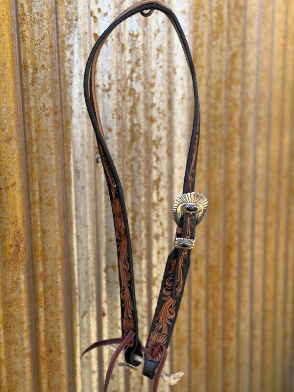 Floral Hand Carved Split Ear Headstall with Vintage Sterling Silver Buckle Set