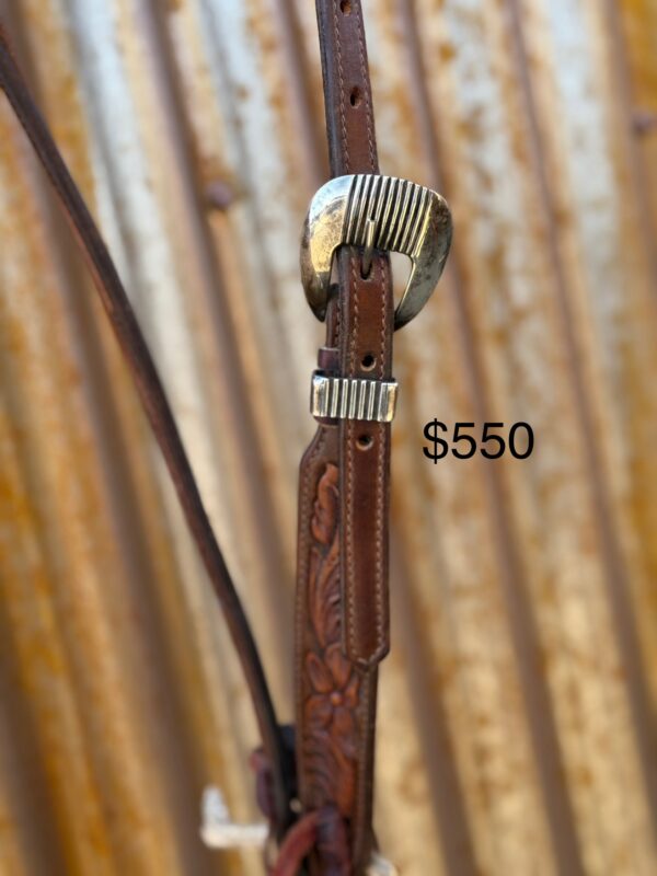 Floral Hand Carved Split Ear Headstall with Vintage Sterling Silver Buckle - Image 2