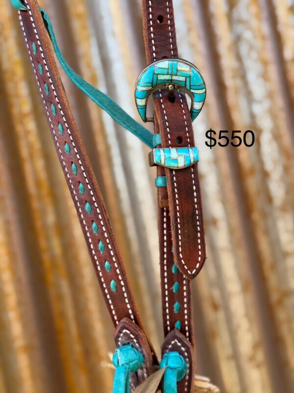 Slip Ear Dark Leather with Turquoise Buckstitch Headstall with Vintage Sterling Silver Headstall - Image 2