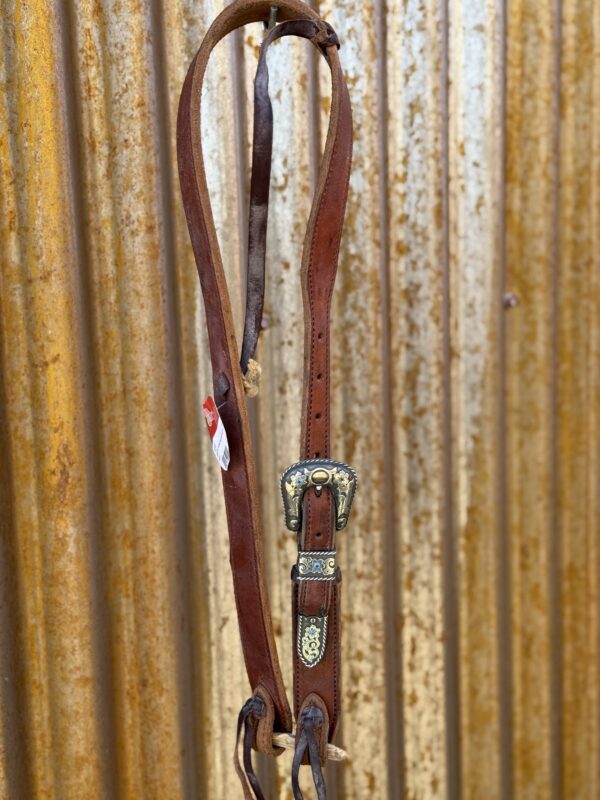 Dark Brown Harness Leather Split Ear Headstall with Vintage Sterling Silver Buckle Set