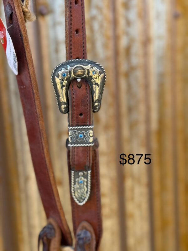 Dark Brown Harness Leather Split Ear Headstall with Vintage Sterling Silver Buckle Set - Image 2