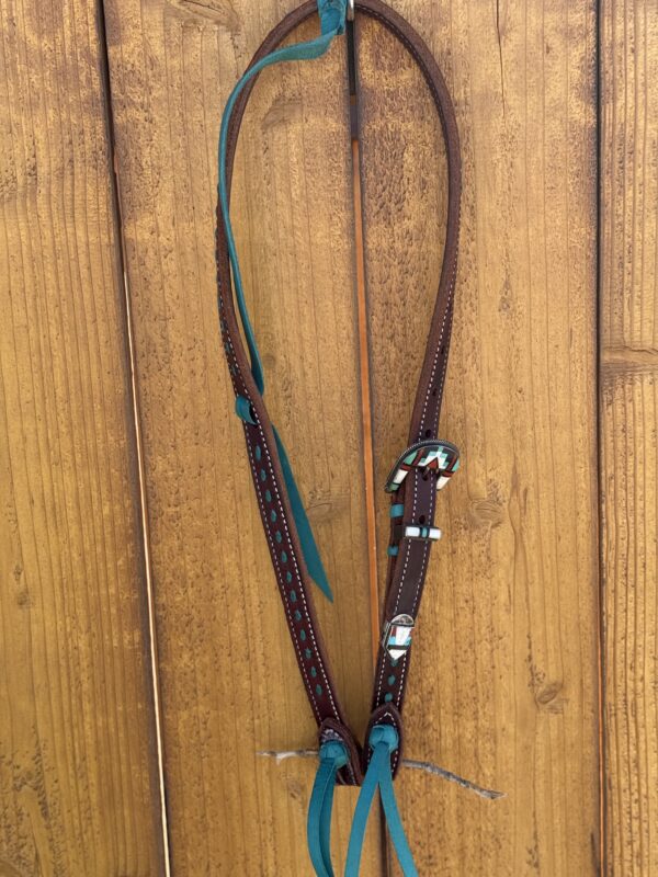 Slip Ear Dark Leather with Turquoise Buckstitch Headstall with Vintage Sterling Silver Headstall