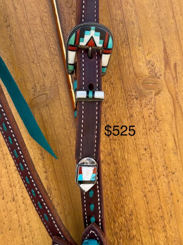 Slip Ear Dark Leather with Turquoise Buckstitch Headstall with Vintage Sterling Silver Headstall - Image 2