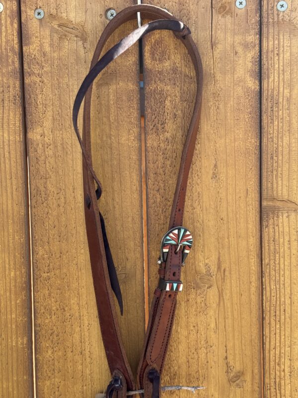 Dark Brown Harness Leather Slip Ear Headstall with Vintage Sterling Silver Buckle Set