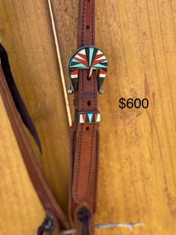 Dark Brown Harness Leather Slip Ear Headstall with Vintage Sterling Silver Buckle Set - Image 2