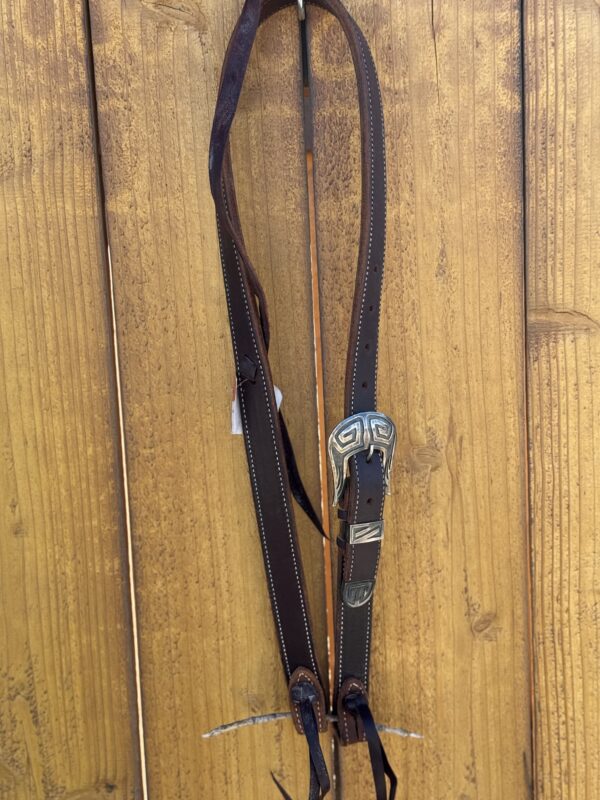 Dark Brown Harness Leather Slip Ear Headstall with Vintage Sterling Silver Buckle Set