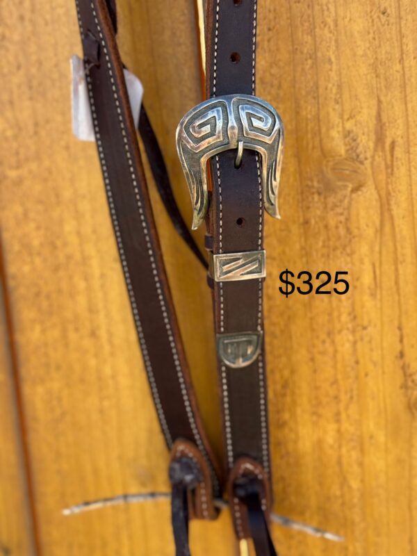 Dark Brown Harness Leather Slip Ear Headstall with Vintage Sterling Silver Buckle Set - Image 2