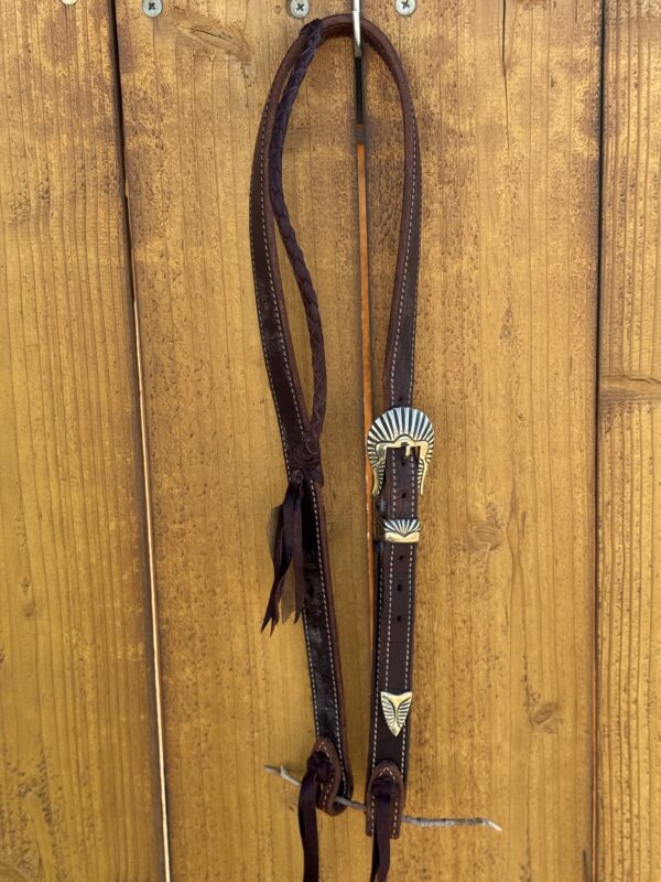 Dark Brown Harness Leather Slip Ear Headstall with Vintage Sterling Silver Buckle Set