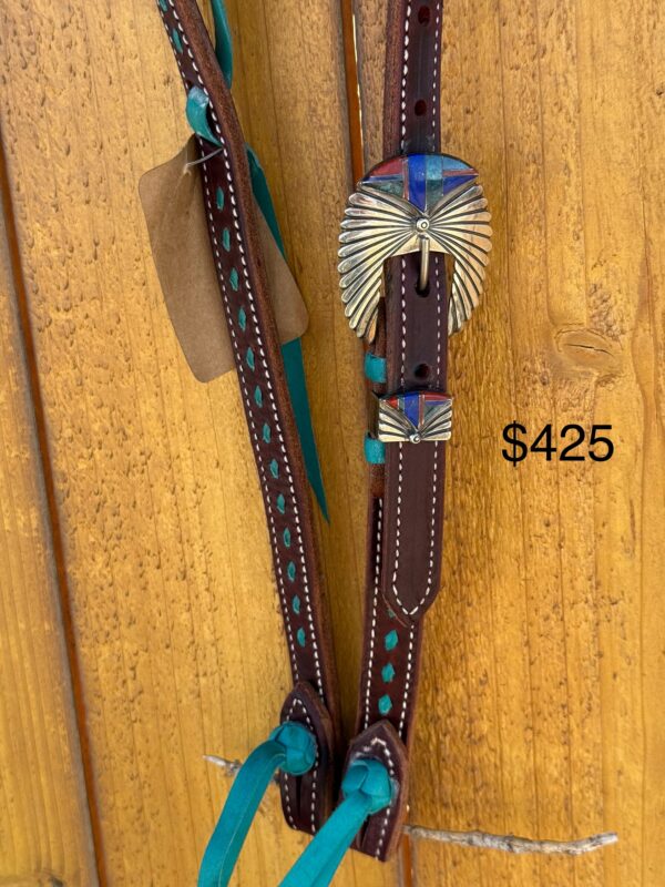 Slip Ear Dark Leather with Turquoise Buckstitch Headstall with Vintage Sterling Silver Headstall - Image 2