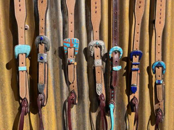 Slip Ear Dark Leather with Turquoise Buckstitch Headstall with Vintage Sterling Silver Headstall - Image 4