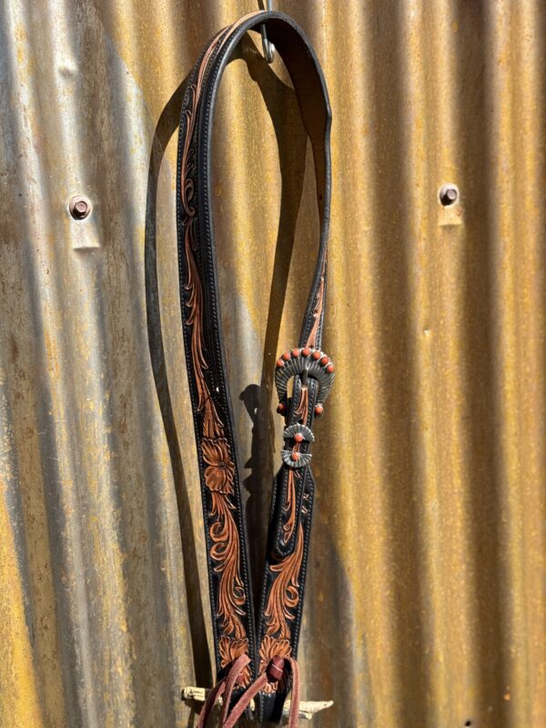 Floral Hand Carved Split Ear Headstall with Vintage Sterling Silver Buckle Set