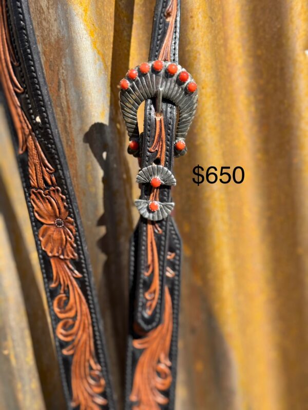 Floral Hand Carved Split Ear Headstall with Vintage Sterling Silver Buckle Set - Image 2