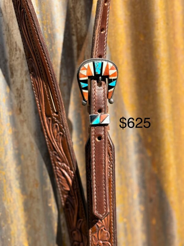 Floral Hand Carved Split Ear Headstall with Vintage Sterling Silver Buckle Set - Image 2