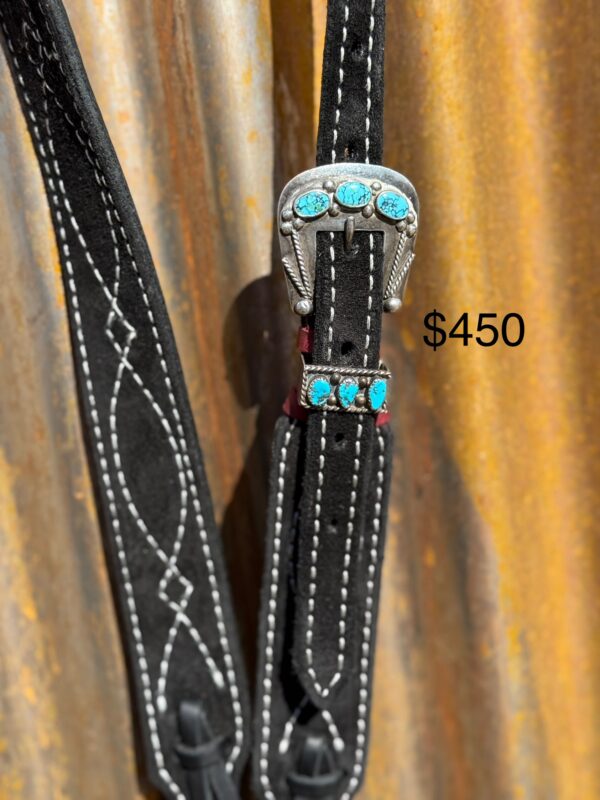 Black Suede Leather Split Ear Headstall with Vintage Sterling Silver Buckle Set - Image 2