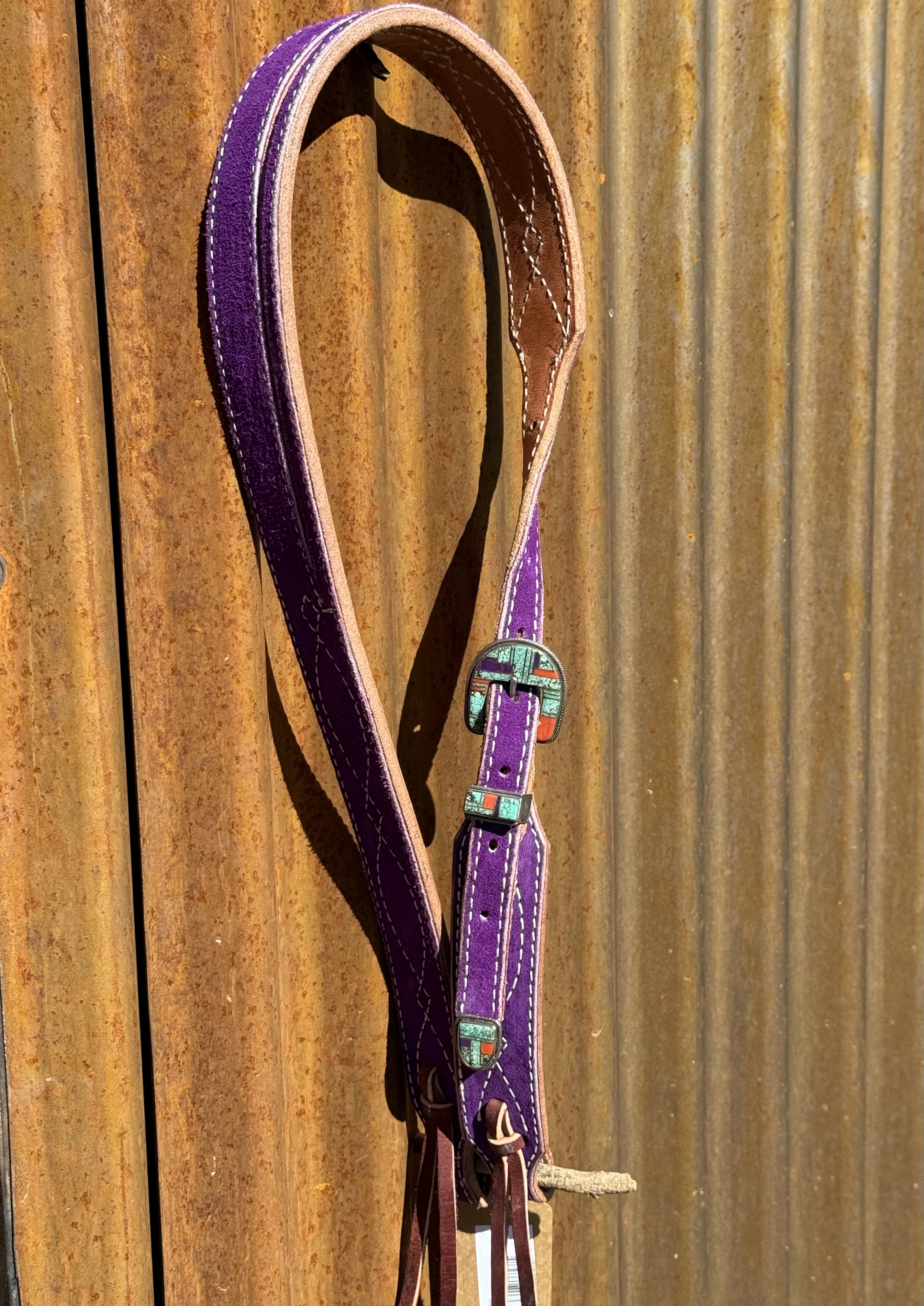 Purple Suede Leather Split Ear Headstall with Vintage Sterling Silver Buckle Set