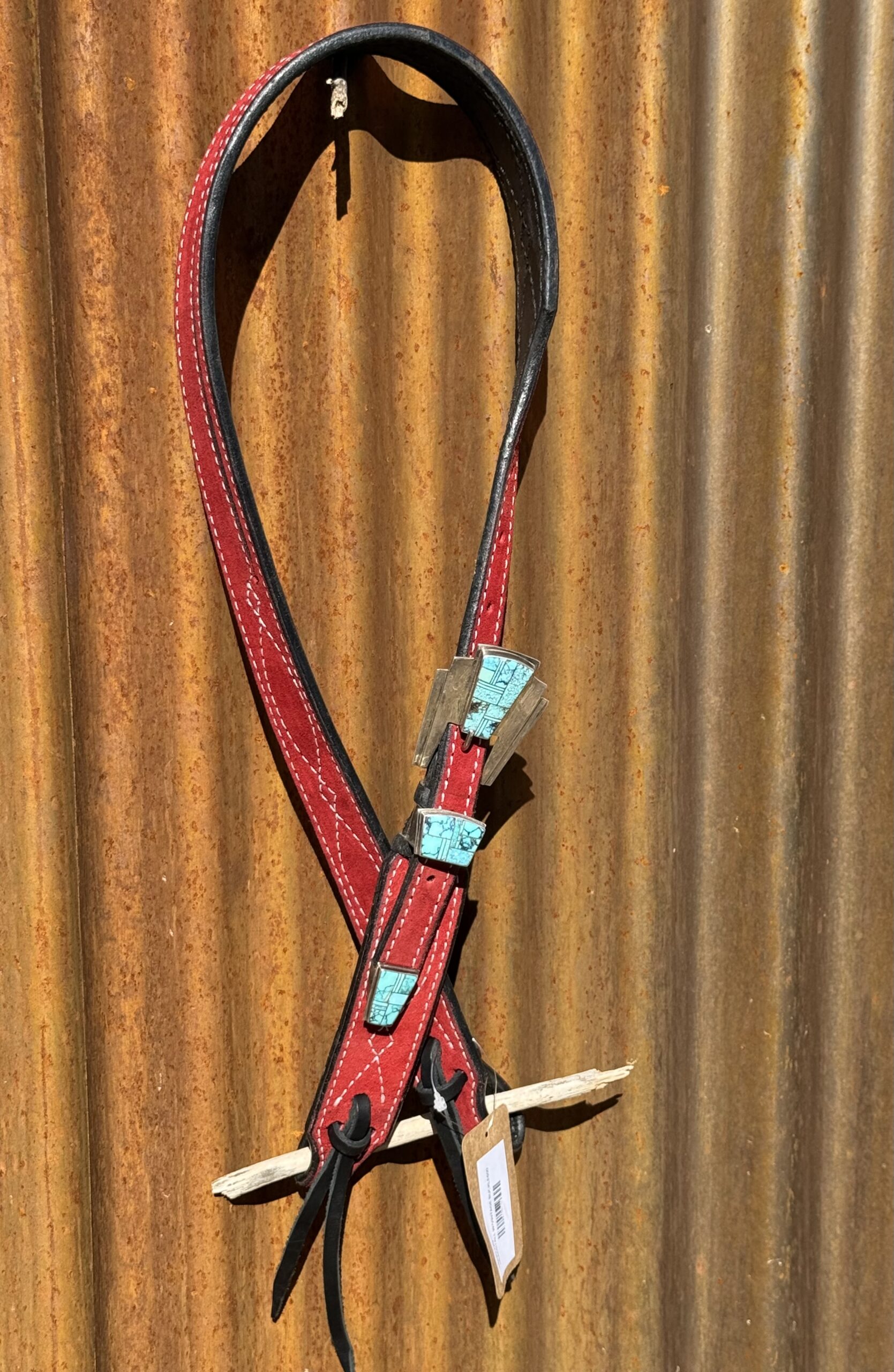 Red Suede Leather Split Ear Headstall with Vintage Sterling Silver Buckle Set