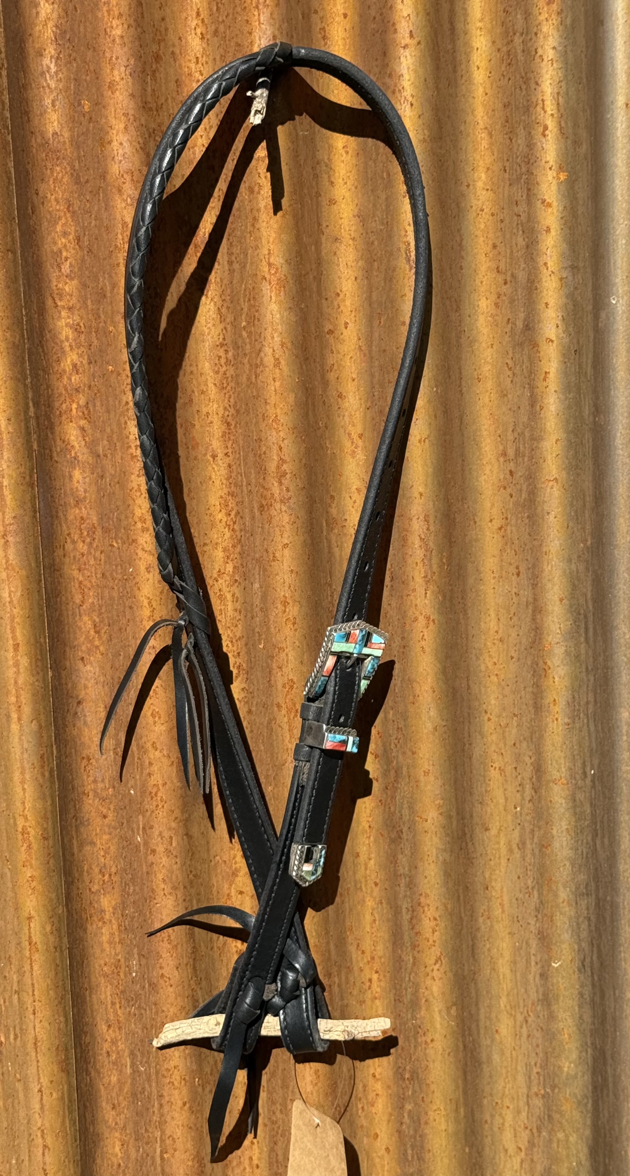 Braided Slip Ear Black Leather Headstall with Vintage Sterling Silver Buckle Set