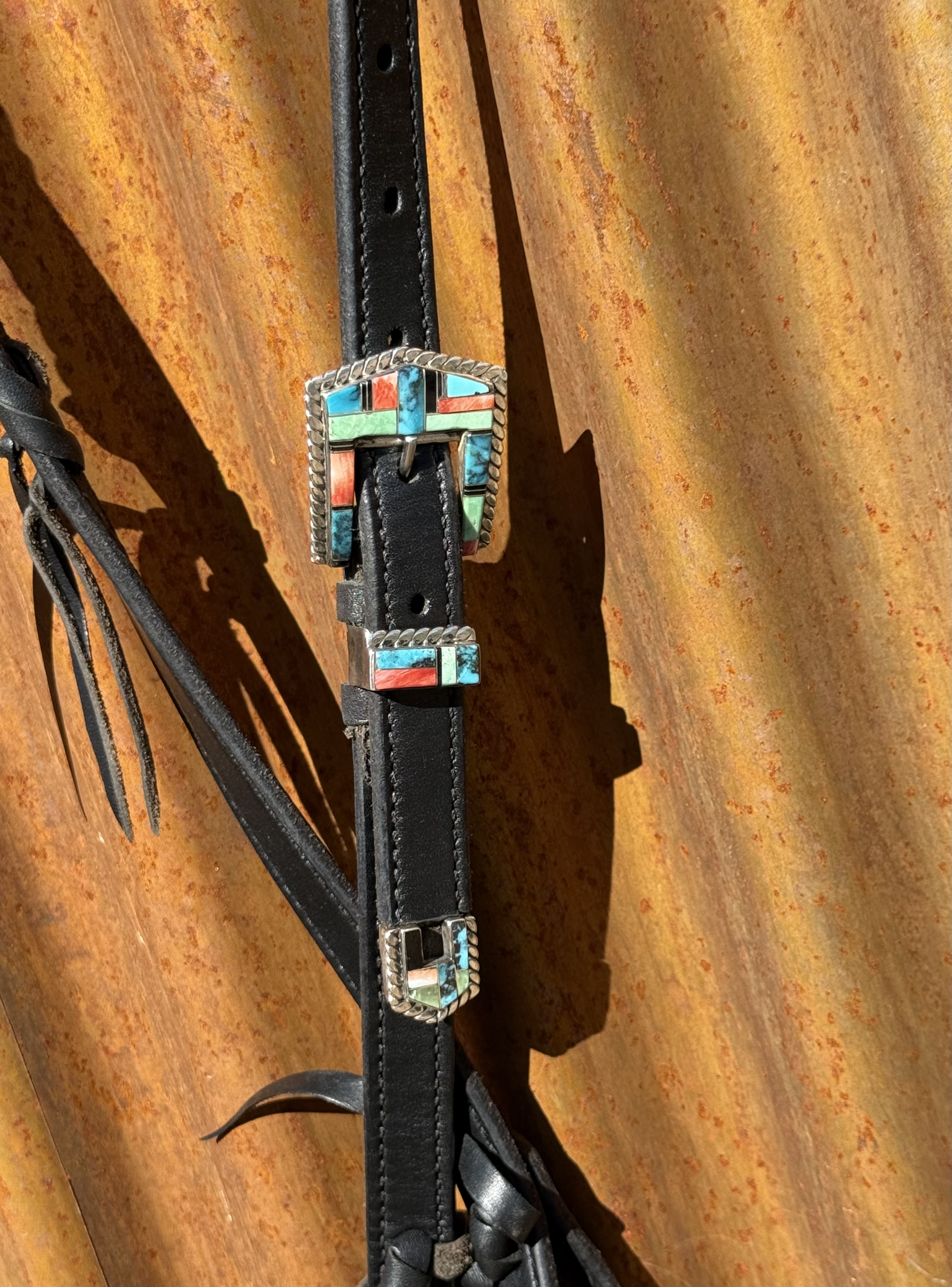 Braided Slip Ear Black Leather Headstall with Vintage Sterling Silver Buckle Set - Image 2