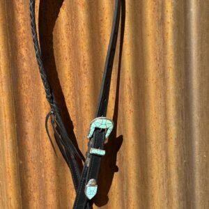 Braided Slip Ear Black Leather Headstall with Vintage Sterling Silver Buckle Set