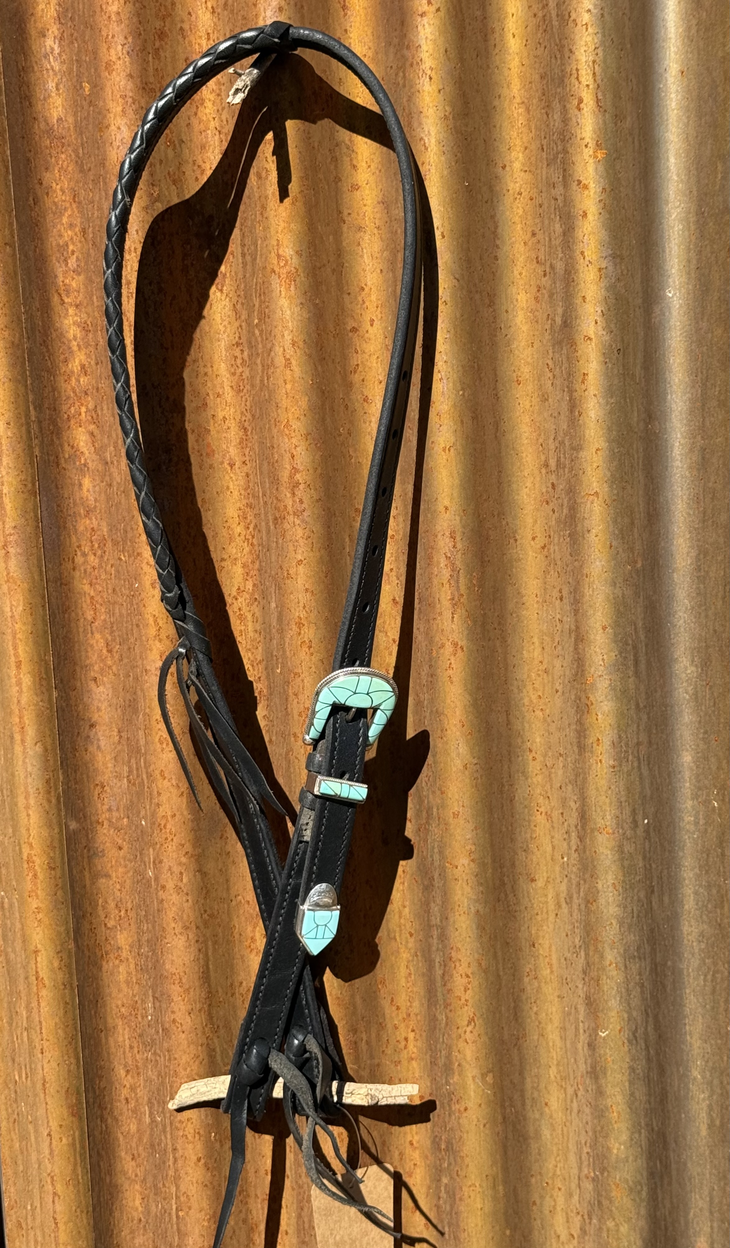 Braided Slip Ear Black Leather Headstall with Vintage Sterling Silver Buckle Set