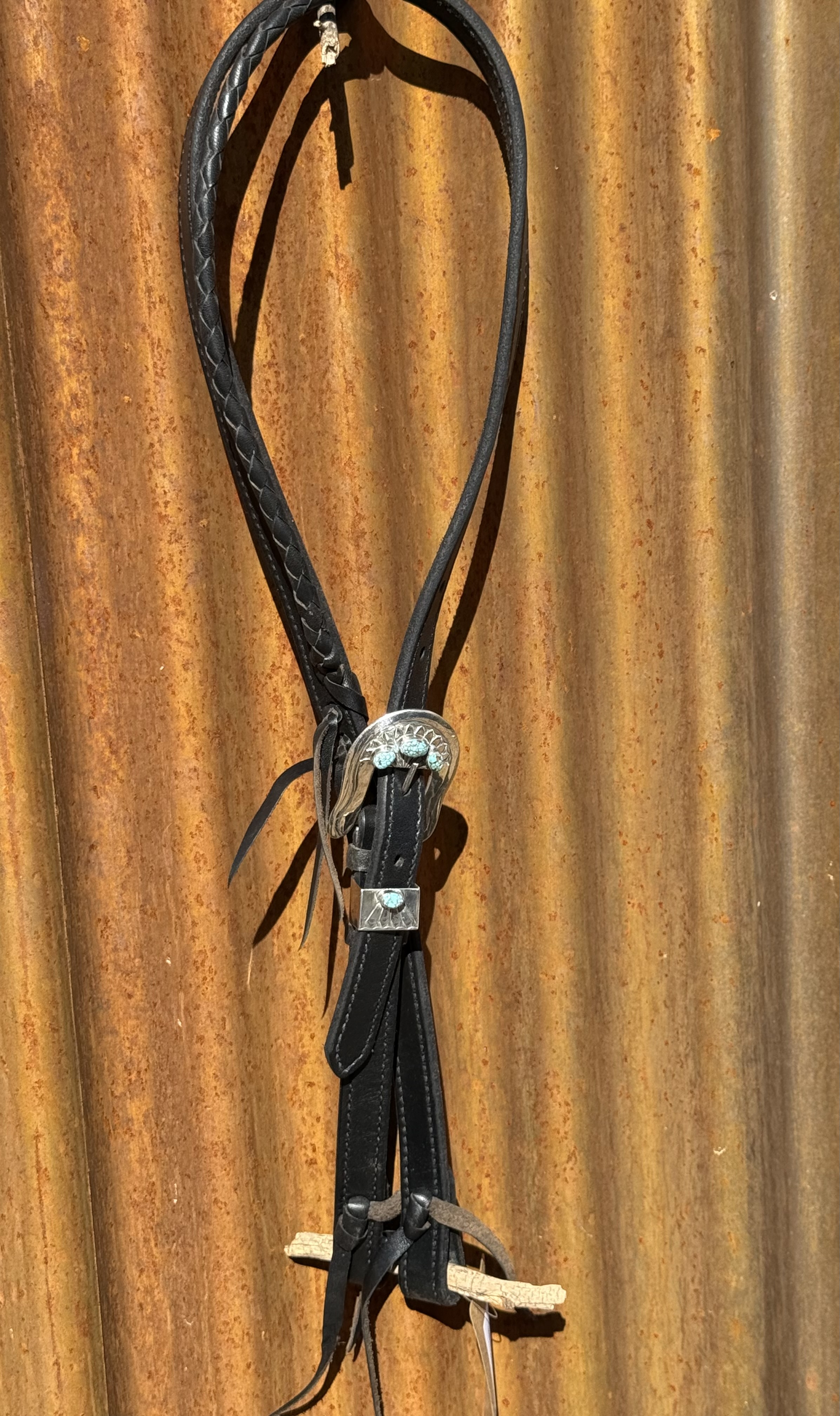 Braided Slip Ear Black Leather Headstall with Vintage Sterling Silver Buckle Set