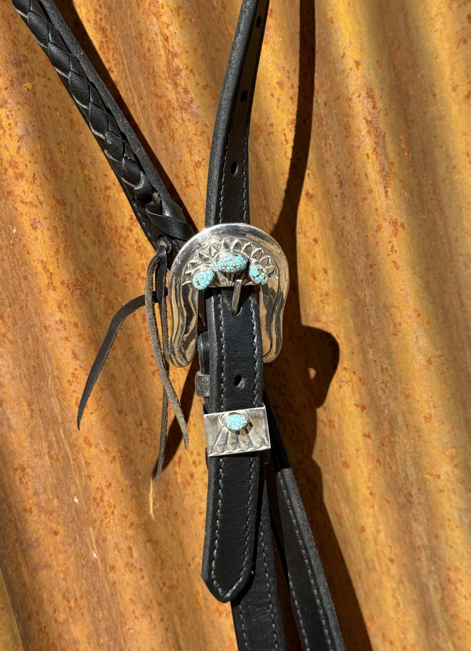 Braided Slip Ear Black Leather Headstall with Vintage Sterling Silver Buckle Set - Image 2