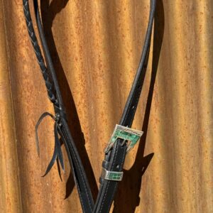 Braided Slip Ear Black Leather Headstall with Vintage Sterling Silver Buckle Set