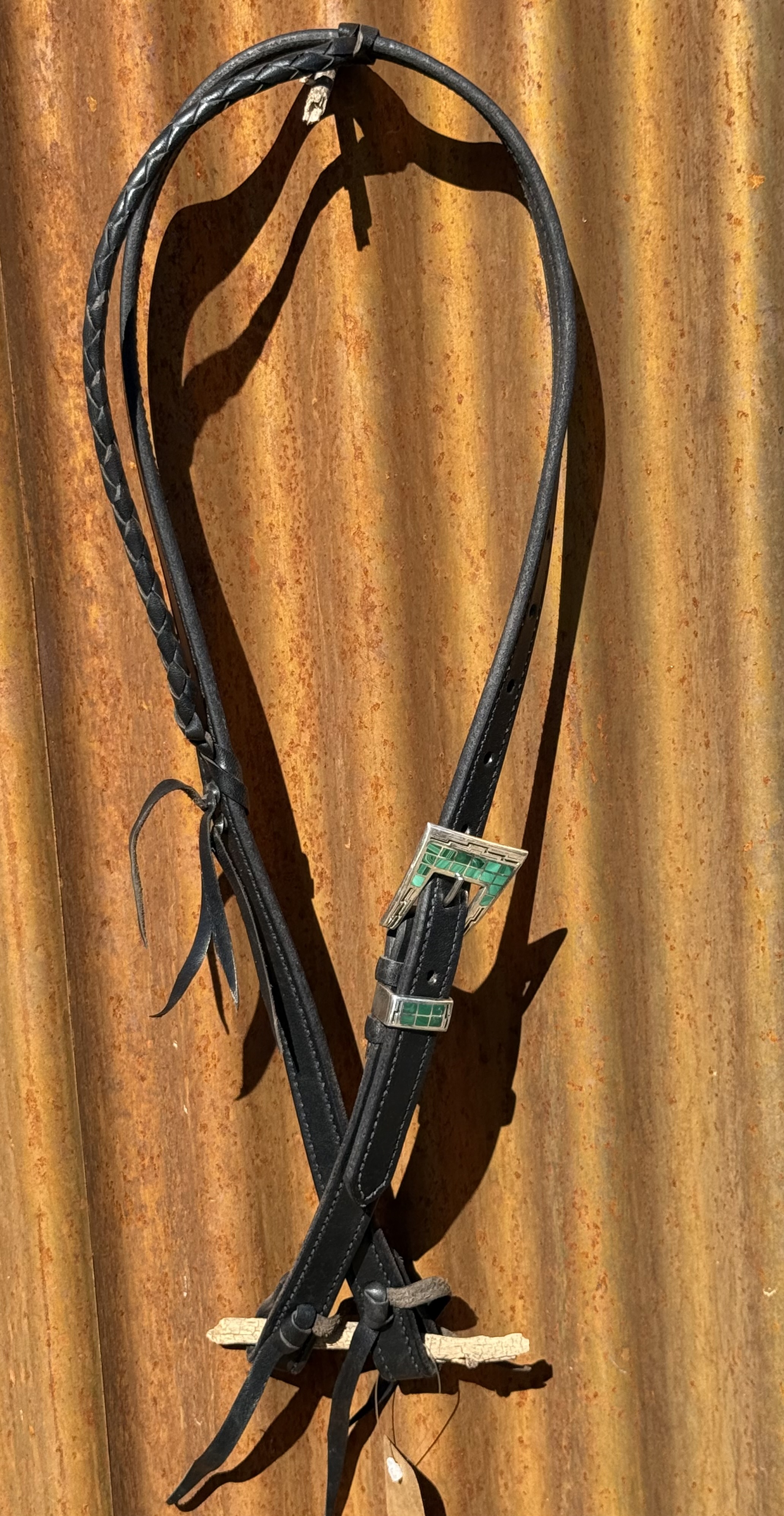 Braided Slip Ear Black Leather Headstall with Vintage Sterling Silver Buckle Set