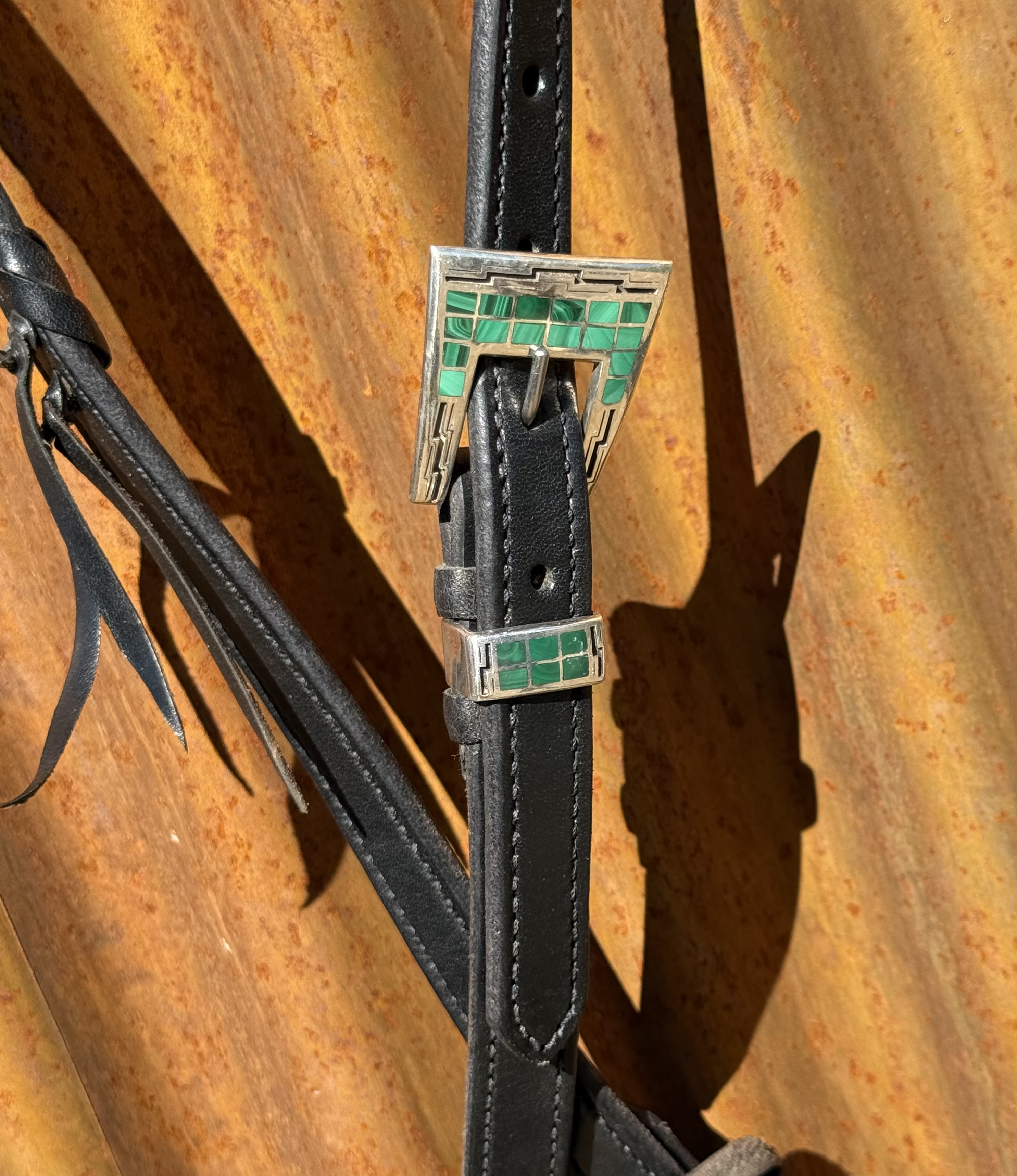 Braided Slip Ear Black Leather Headstall with Vintage Sterling Silver Buckle Set - Image 2