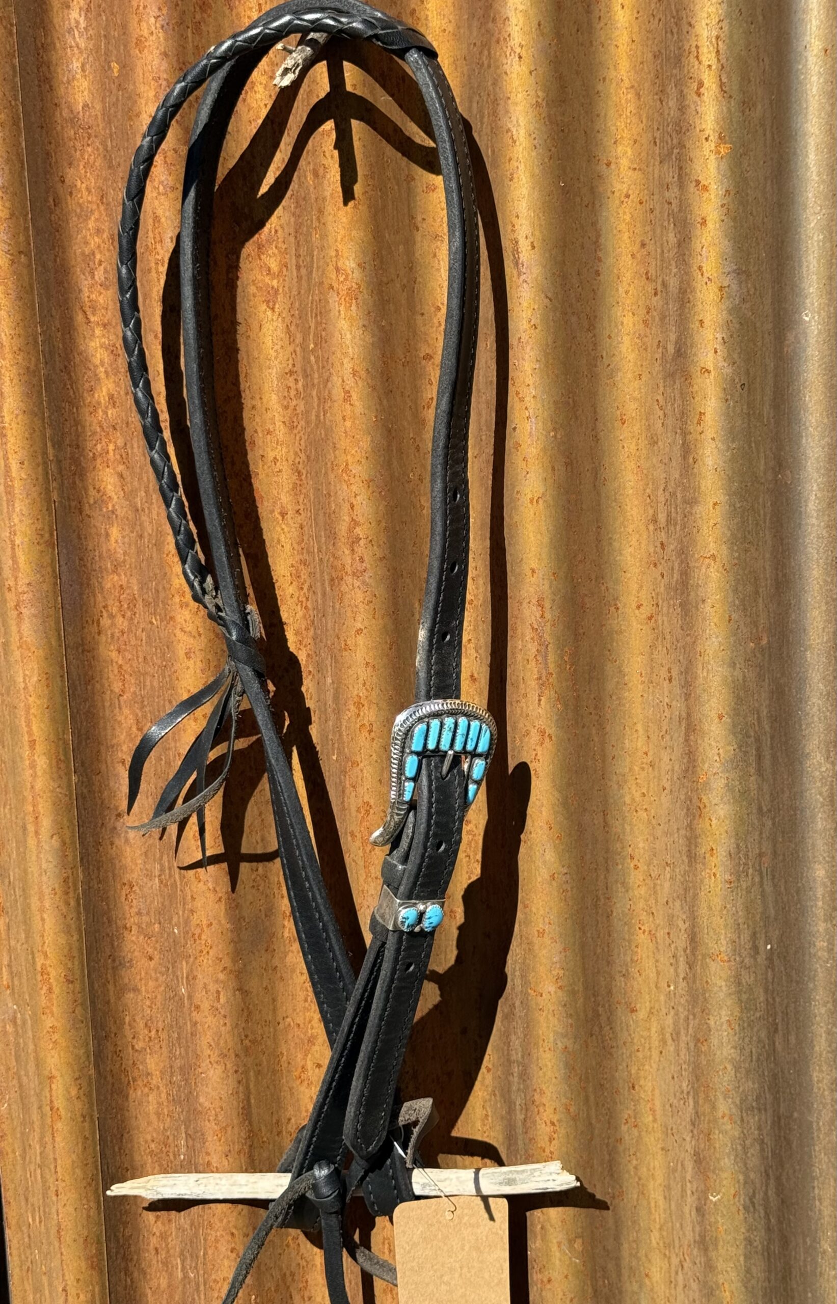 Braided Slip Ear Black Leather Headstall with Vintage Sterling Silver Buckle Set