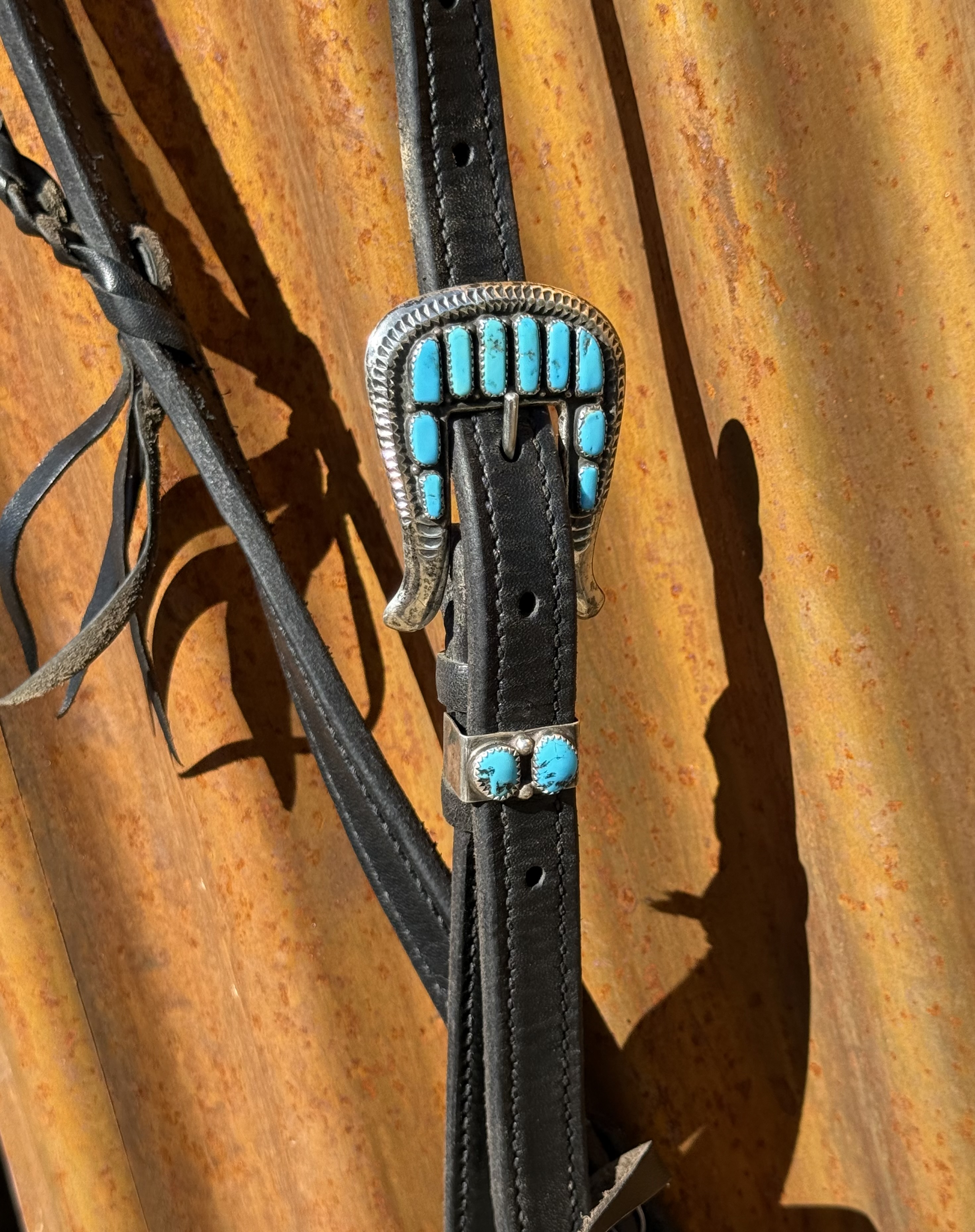 Braided Slip Ear Black Leather Headstall with Vintage Sterling Silver Buckle Set - Image 2