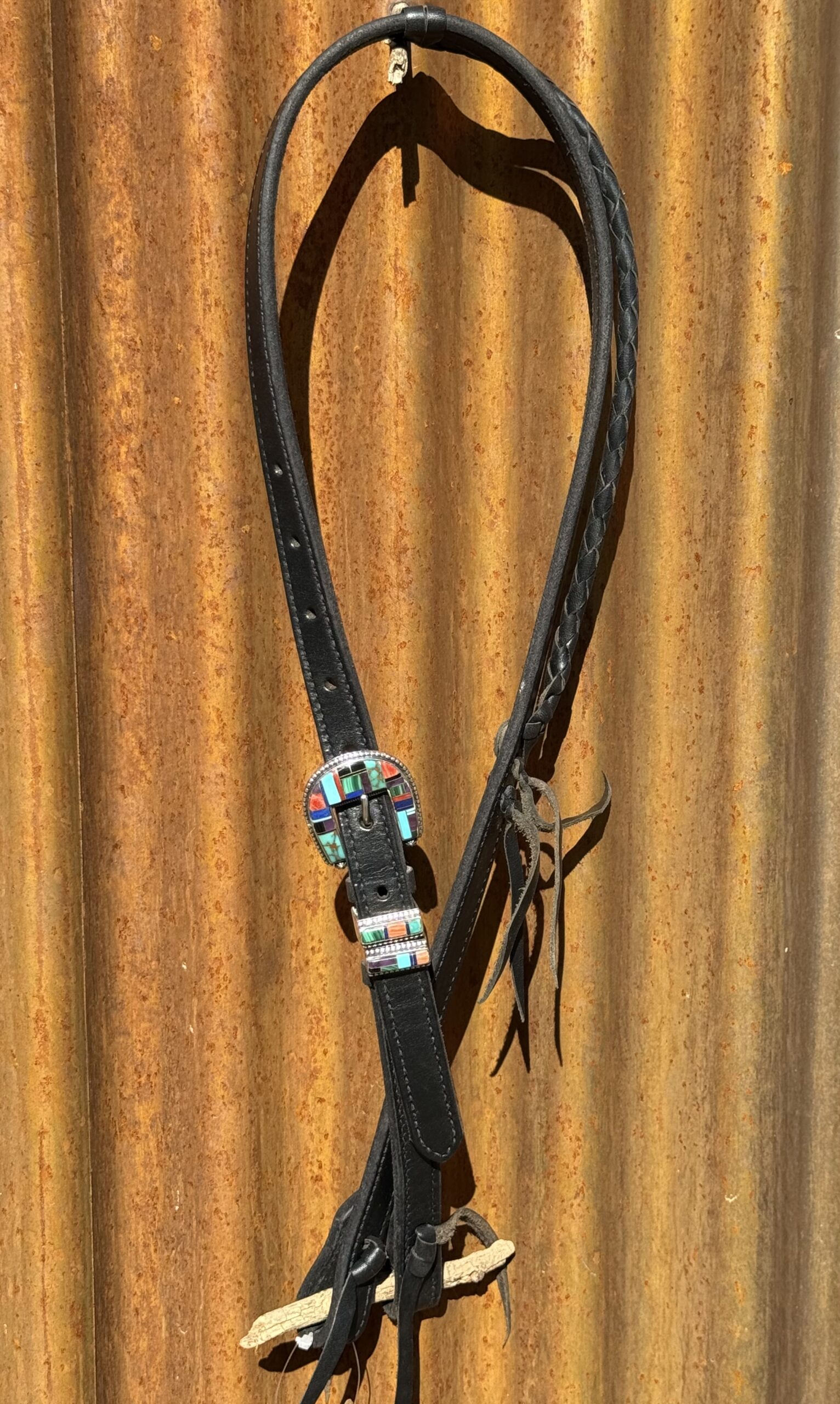Braided Slip Ear Black Leather Headstall with Vintage Sterling Silver Buckle Set